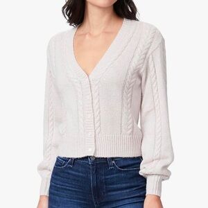 Paige Sofie cardigan in pastel pink w/ silver thread. Cropped. Cable knit. Small